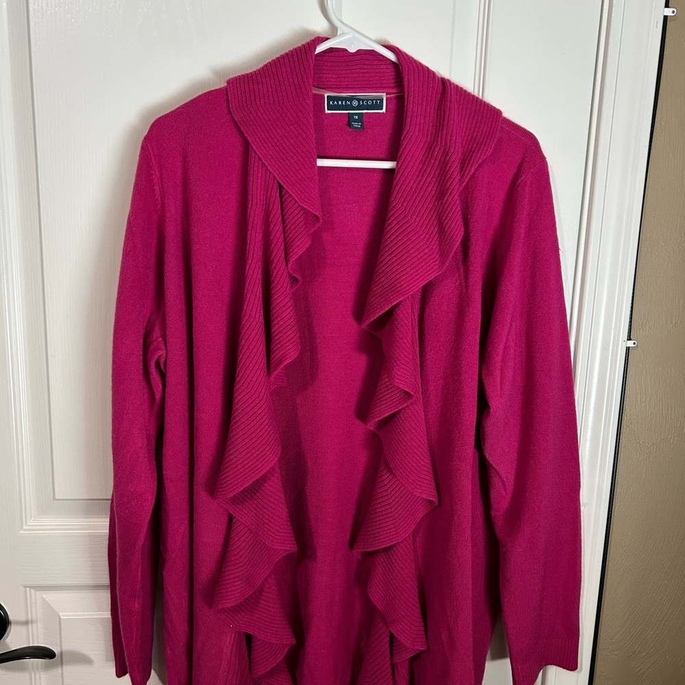 Karen Scott Women's Fuchsia Ruffled Cardigan 1XL